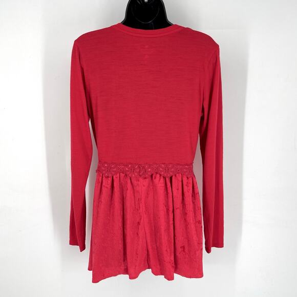 Seg’ments Merino Wool V-Neck Tunic Top Sz M Red Pleated Textured Lower Lace - Picture 6 of 13